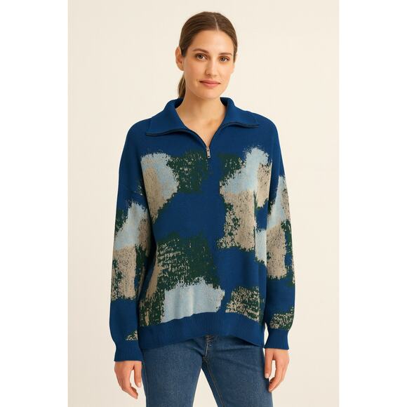 Misook Abstract Quarter Zip Collared Knit Long Sleeve...